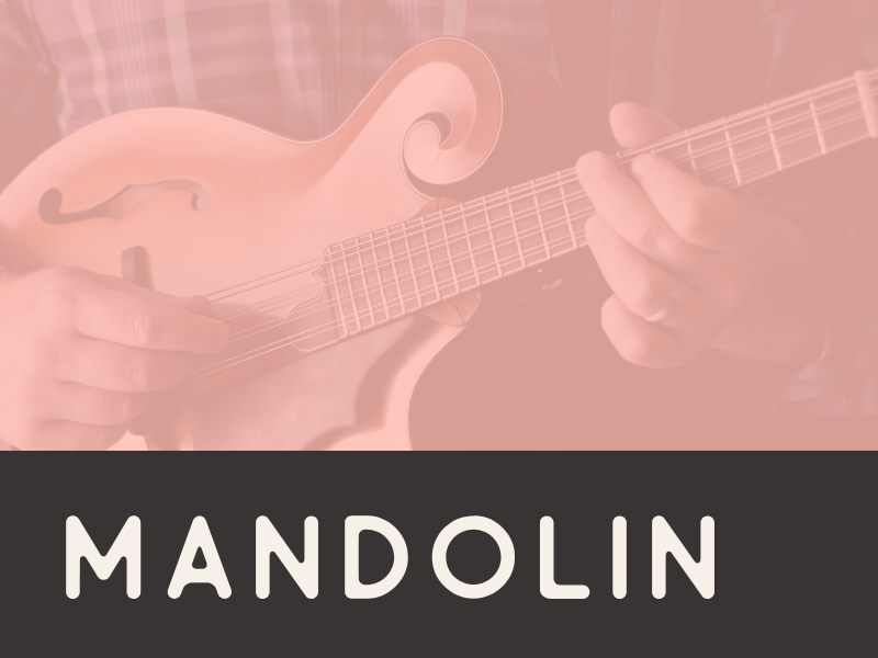 Person playing a mandolin, close-up of hands on the instrument, with the word 'MANDOLIN' at the bottom.