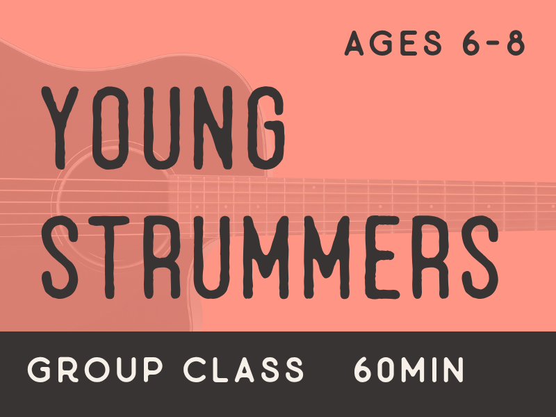 A promotional graphic for a children's music class. It features a pink background with a guitar string outline, text indicating it's for ages 6-8, called Young Drummers, a group class lasting 60 minutes.