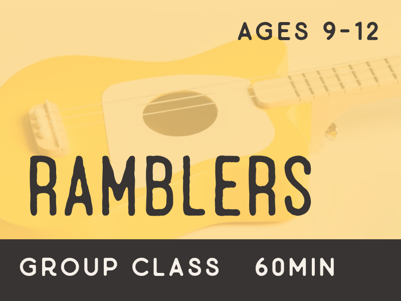 Graphic promoting a group guitar class called 'Ramblers' for ages 9-12, lasting 60 minutes.