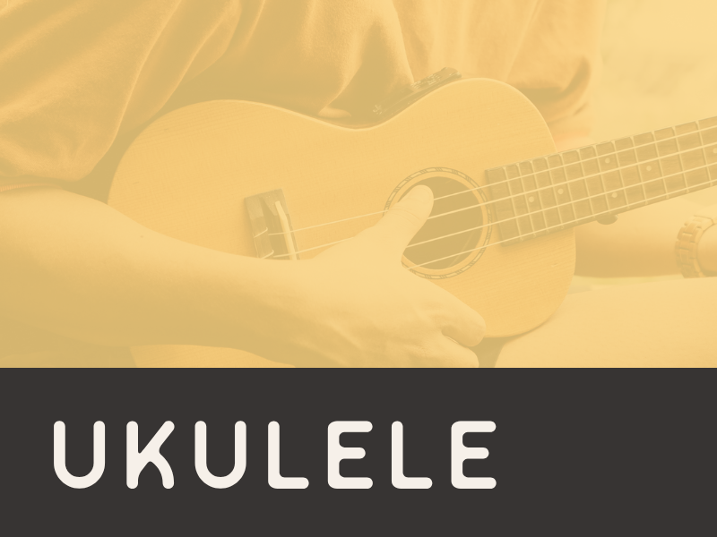 Person playing a ukulele, with a black band at the bottom displaying the word "UKULELE" in white letters.