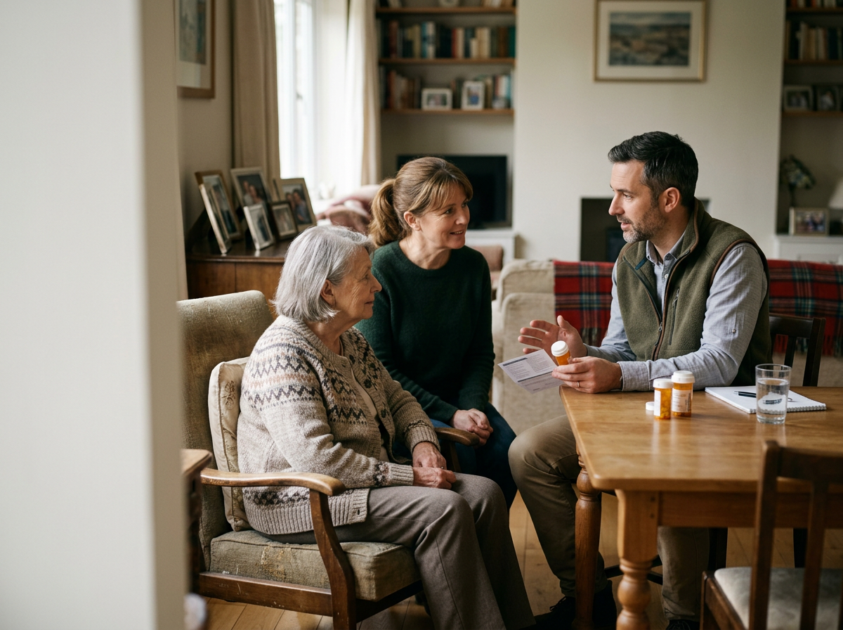 A man is speaking to an elderly woman and a middle-aged woman at a table in a cozy living room, with medication bottles and a glass of water on the table.