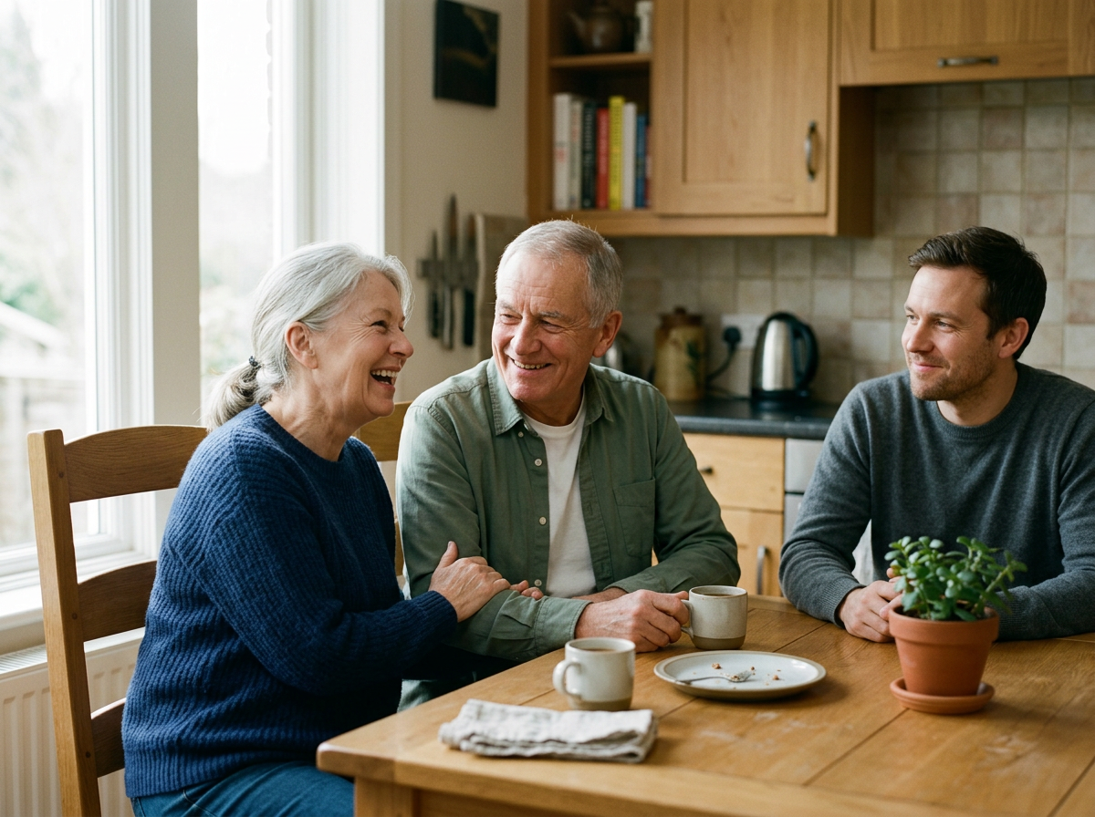 Three people, an elderly woman, an elderly man, and a young man, sitting at a kitchen table having a conversation and smiling, with cups and a potted plant on the table.