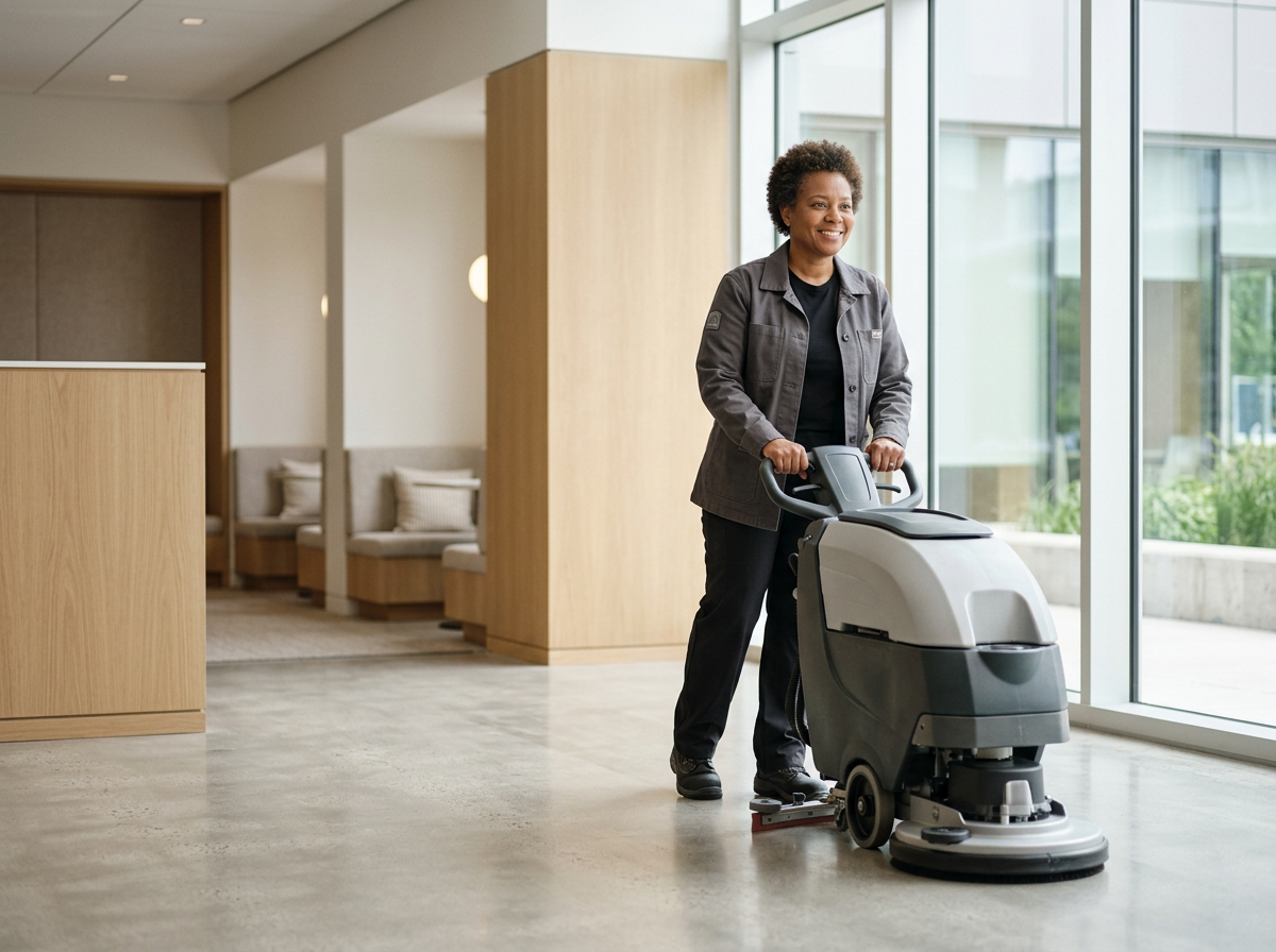 Woman cleaning the floor with a ride-on floor scrubber in a modern, well-lit space with large windows.