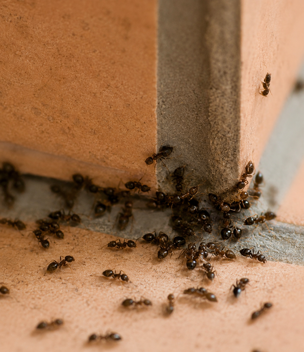 close up of black ants infesting a kitchen floor