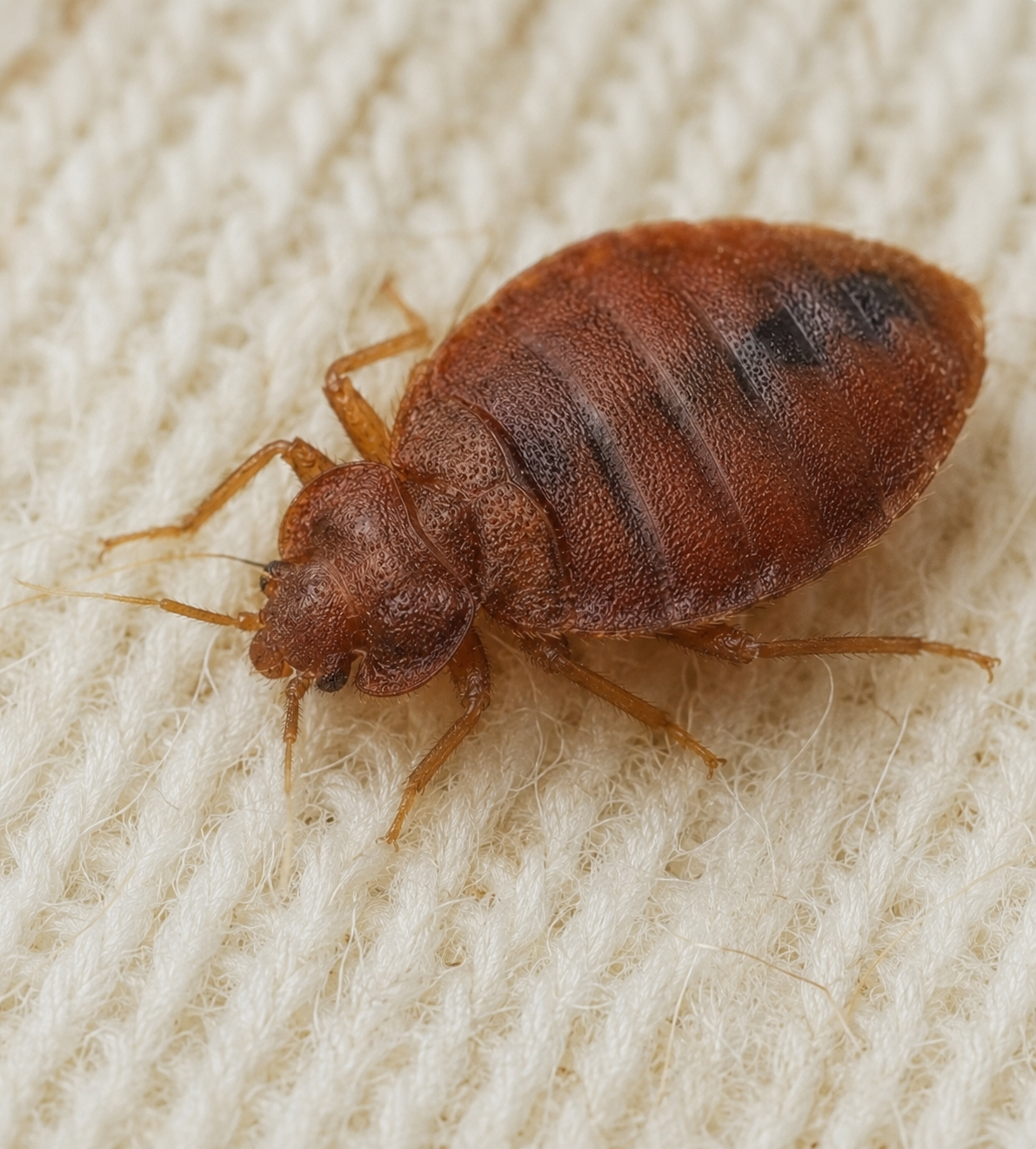 close up of a bed bug on a white mattress