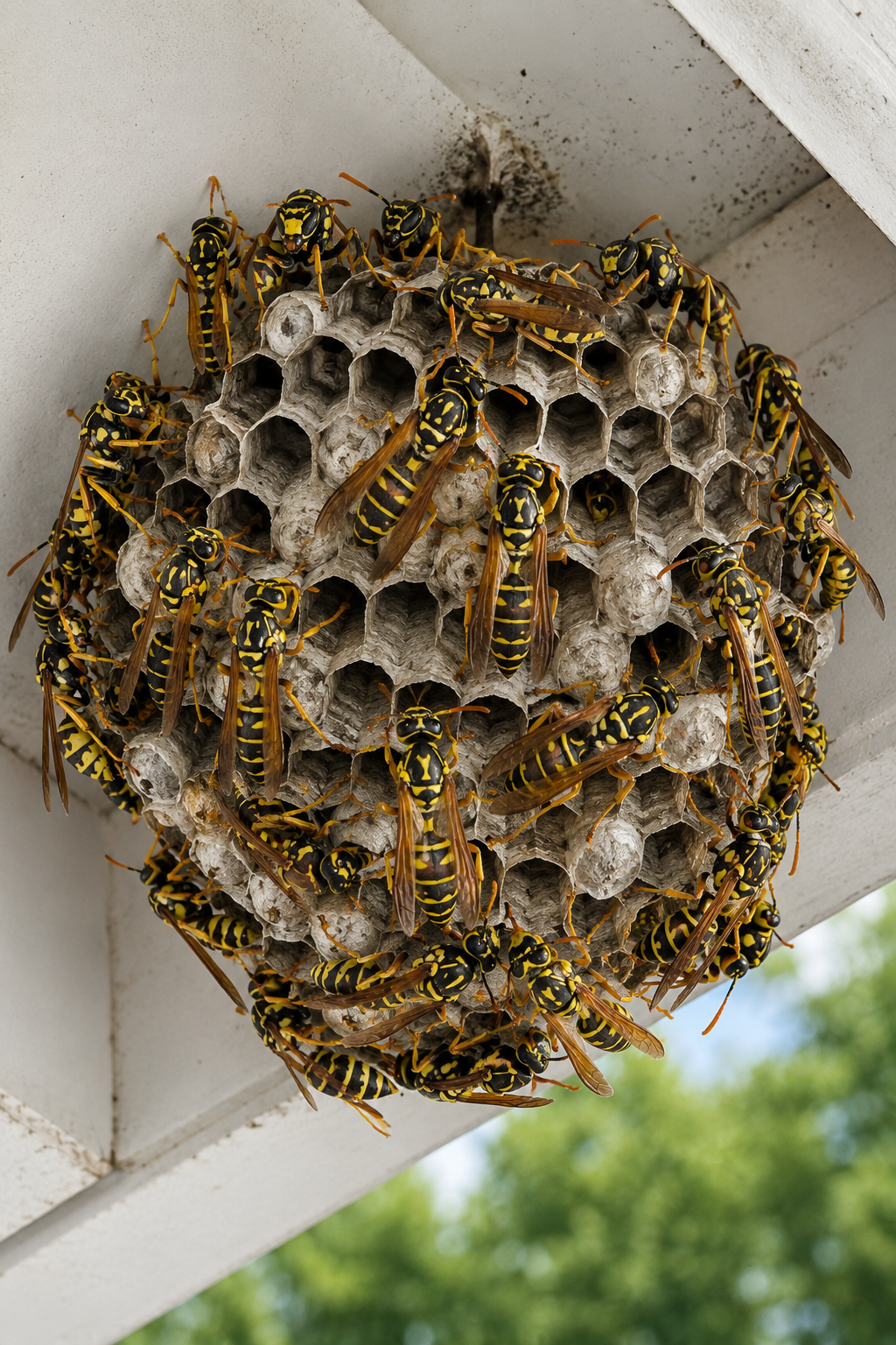 wasp nest with wasps under a deck outside