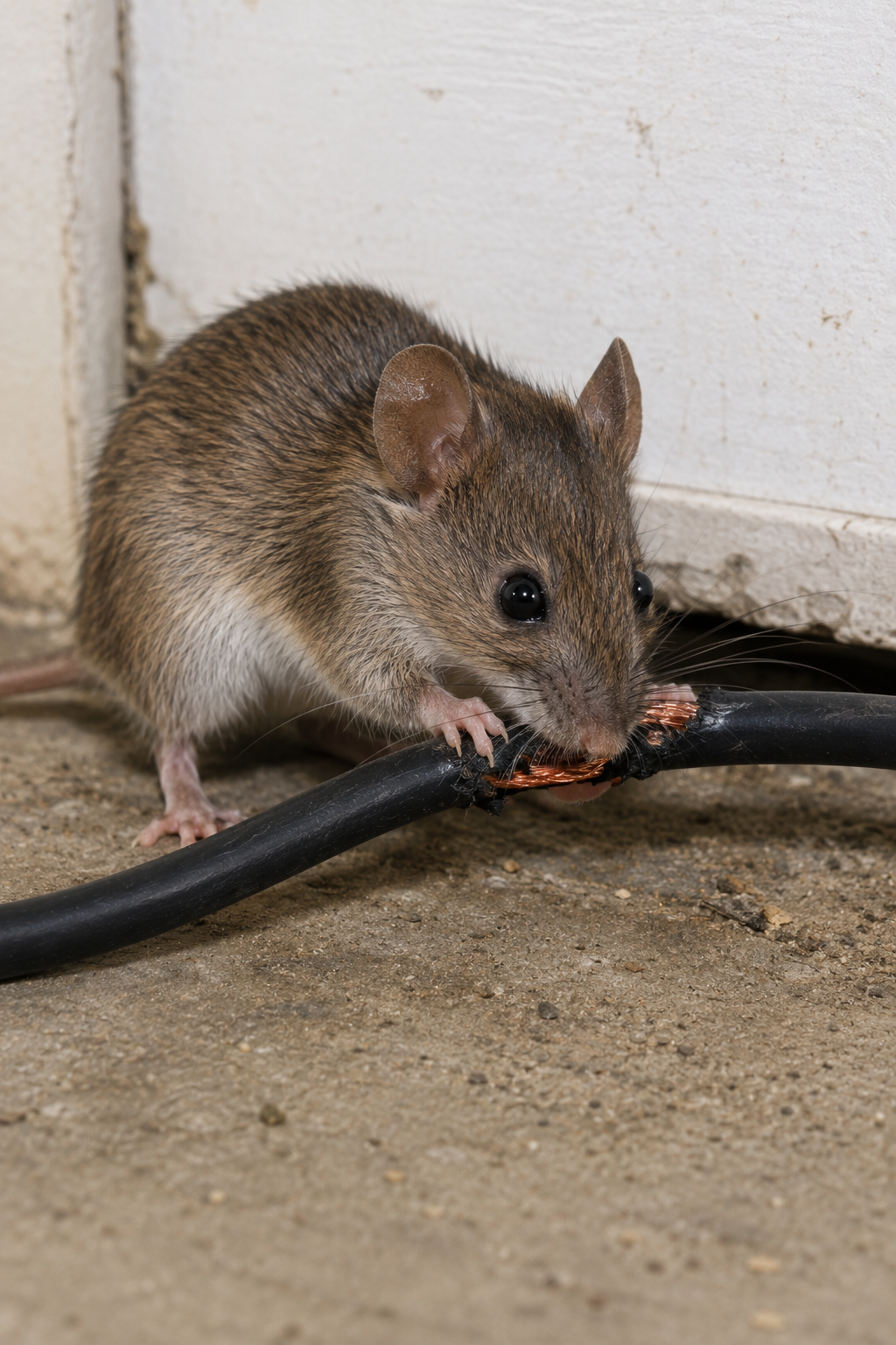 a brown mouse chewing on a black wire inside a home