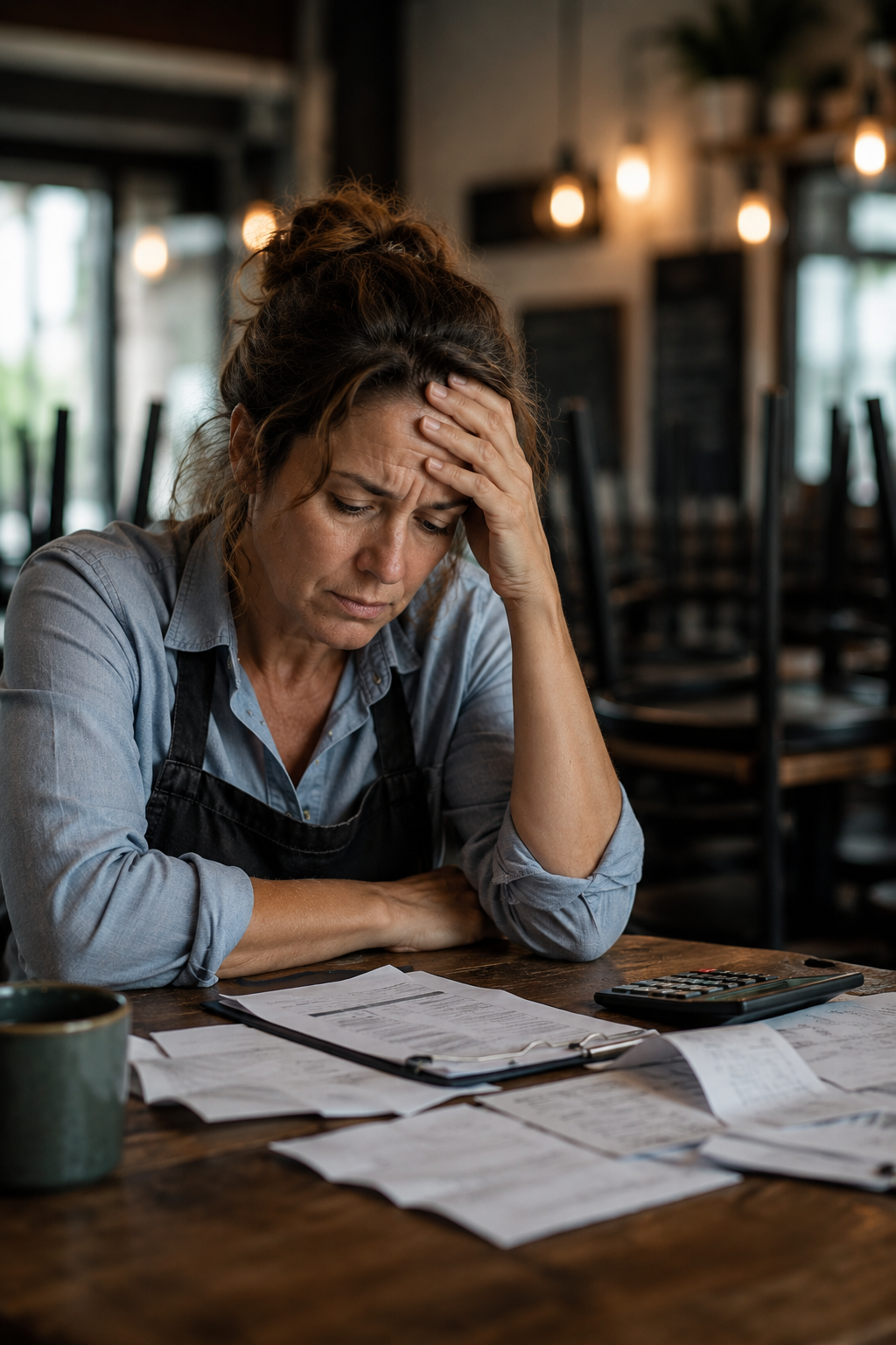 A woman sitting at a wooden table in a cafe, looking stressed and overwhelmed with paperwork, a calculator, and a cup of coffee in front of her.