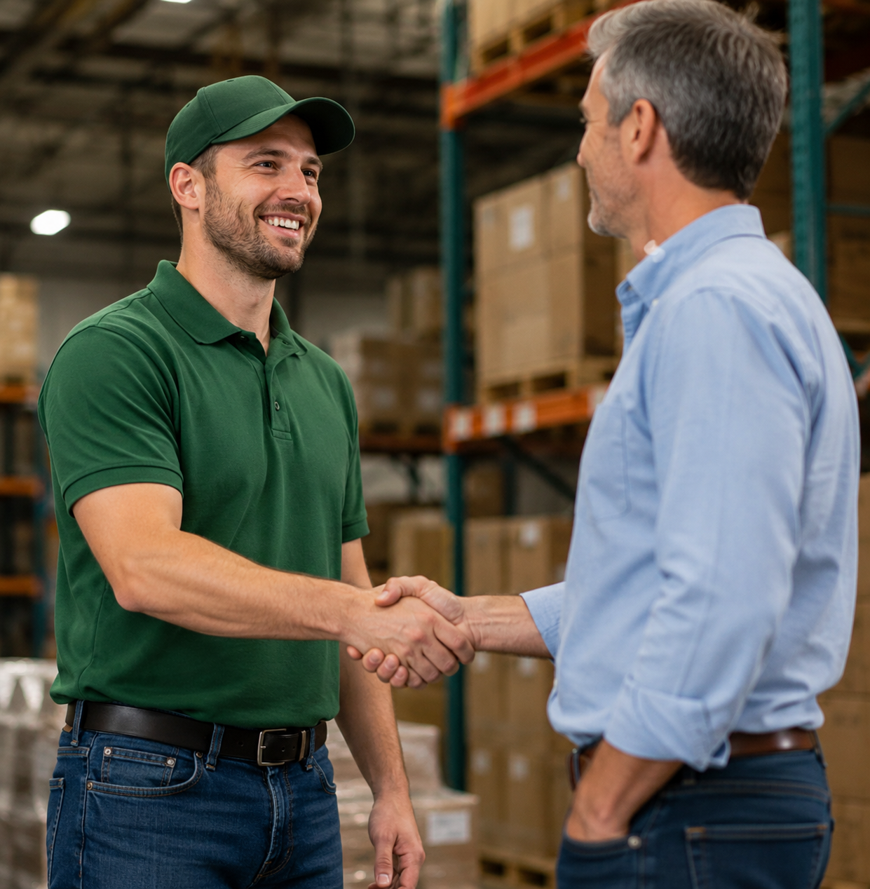 Two men shaking hands in a warehouse with shelves of boxes in the background.