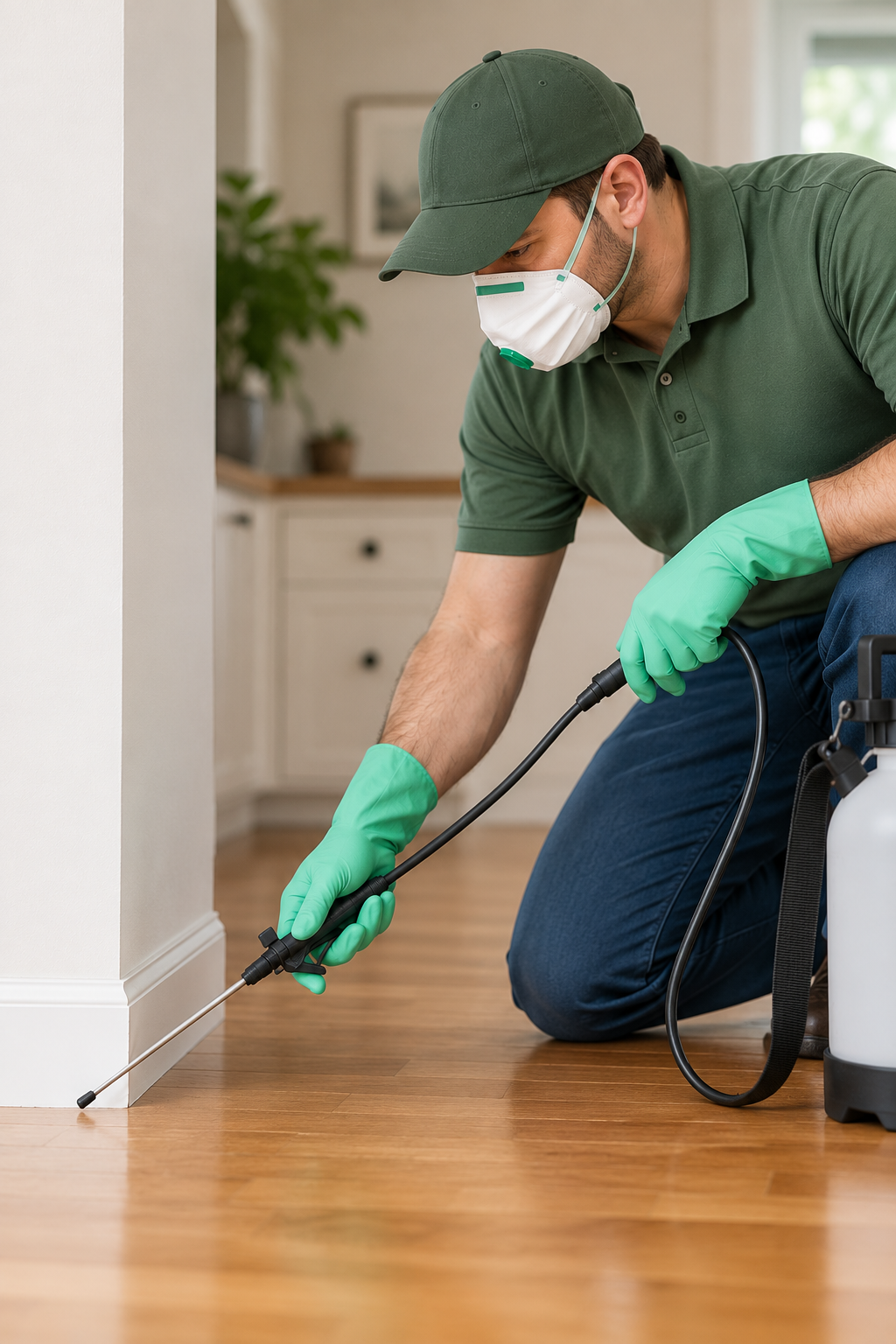 A pest control technician wearing a green cap, white mask, and green gloves kneels on the hardwood floor, holding a sprayer nozzle near the baseboard in a home interior.
