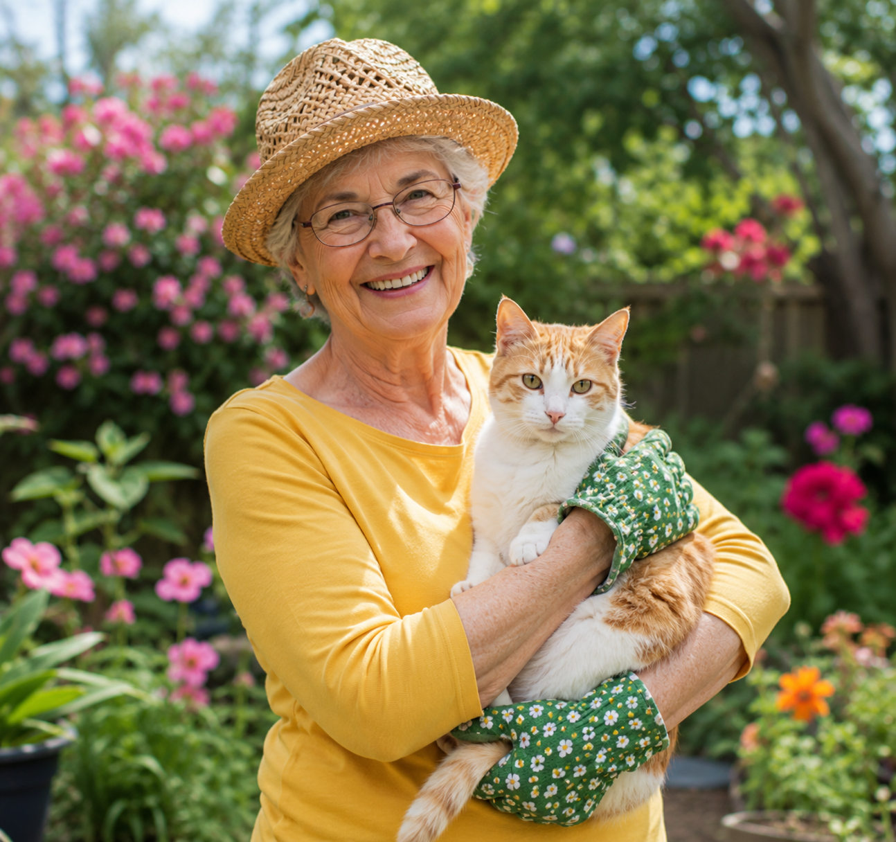 An elderly woman wearing a straw hat, glasses, and a yellow shirt is smiling and holding an orange and white cat with green gloves in a garden with blooming pink and purple flowers.