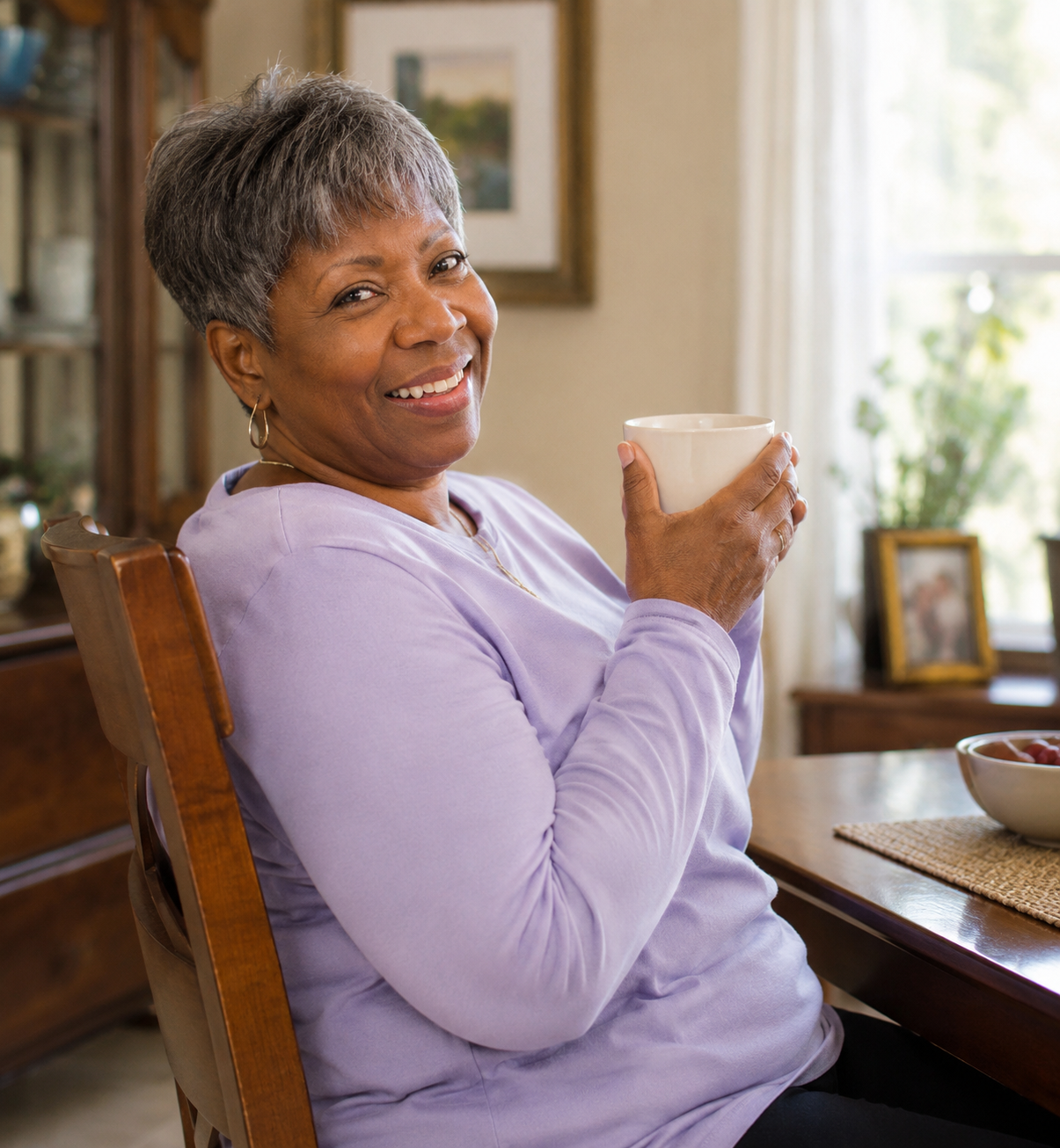 An older woman with short gray hair smiling while holding a white mug, sitting at a dining table in a well-lit room with framed pictures and curtains.