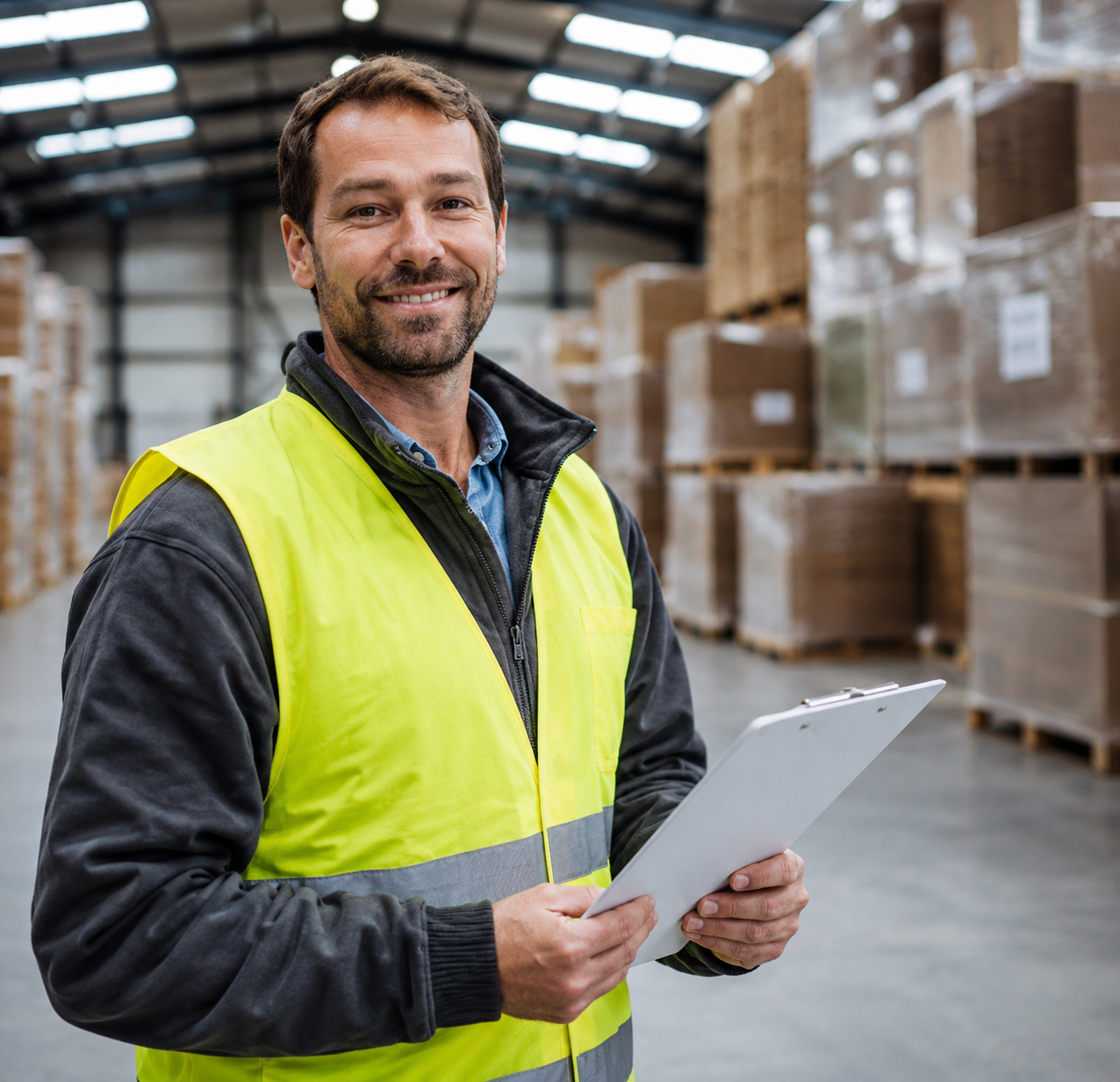 A smiling man in a high-visibility yellow vest holding a clipboard inside a warehouse with stacked boxes on pallets.