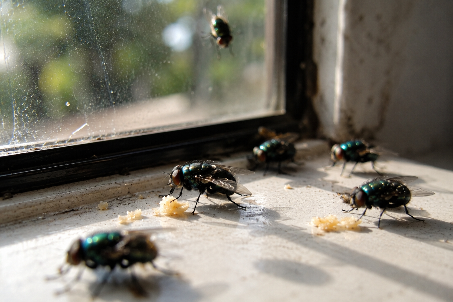 Multiple green and black house flies on a windowsill, some eating food, with a dirty window and outdoor greenery visible in the background.