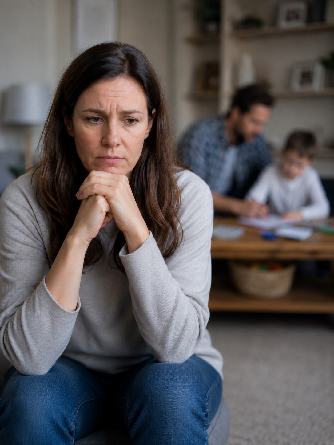 A woman with long brown hair and a gray shirt appears upset or worried, sitting with her hands clasped under her chin, with a family in the background at a table.