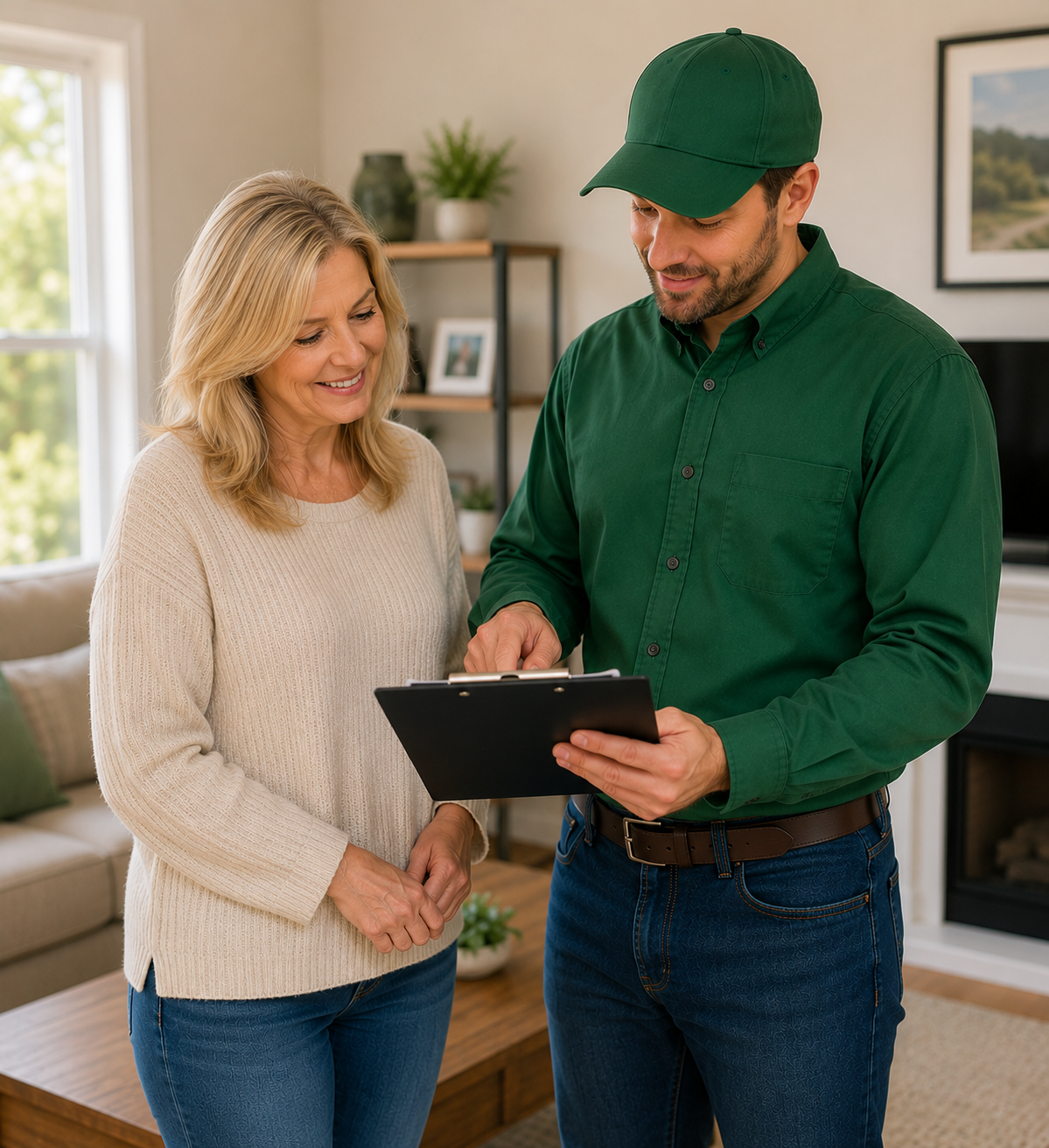 a blonde caucasian middle aged woman with a young handsome man who is showing her a custom plan on a clipboard