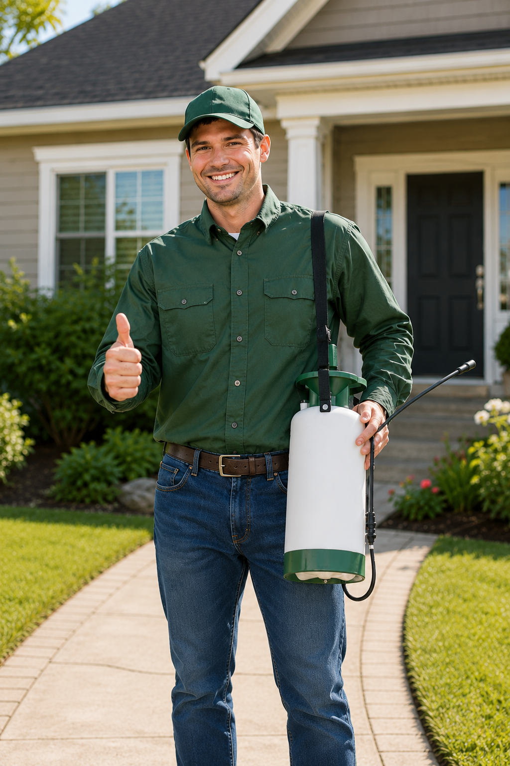 A man dressed in a green uniform and cap holding a pest control sprayer, standing in front of a house on a sidewalk.