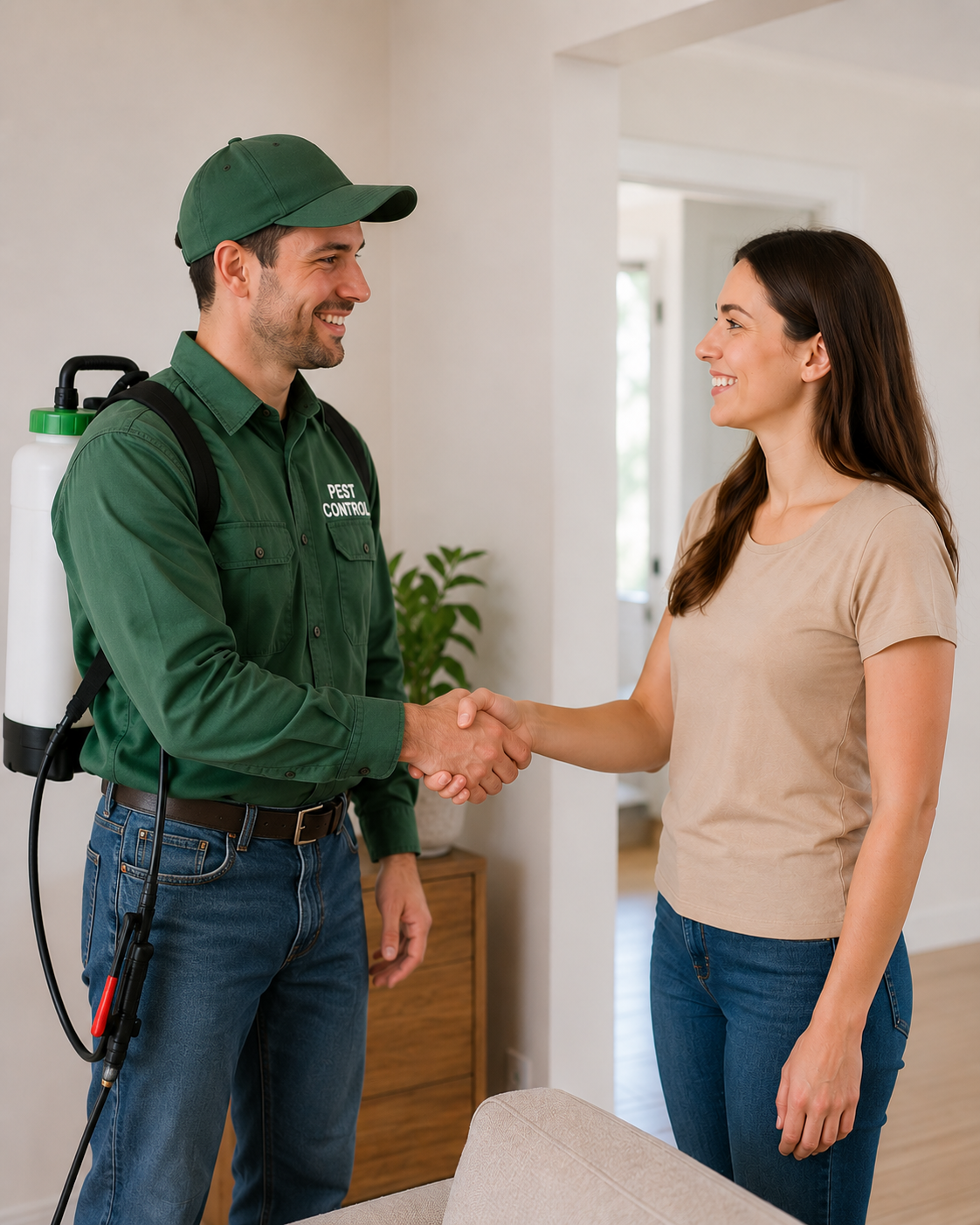 A pest control technician in uniform shaking hands with a woman inside a home.
