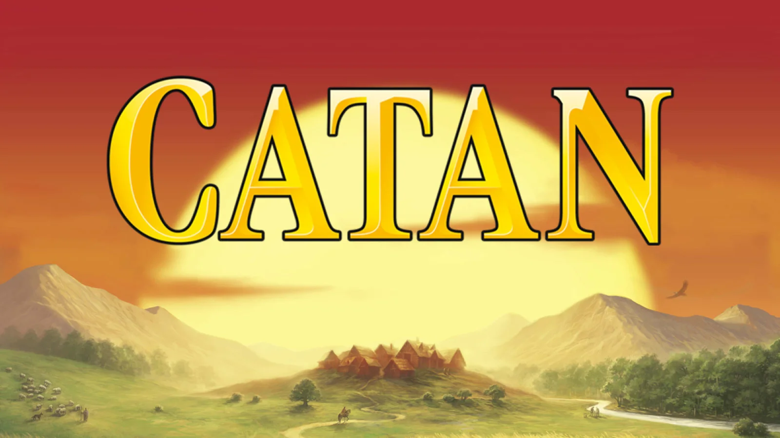 Logo for the game Catan featuring a sunset over a landscape with mountains, trees, and a village.