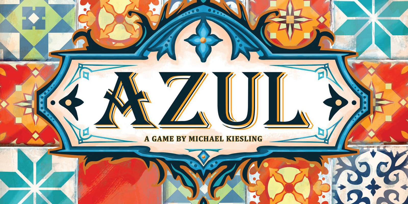 Colorful game box cover for 'Azul,' a board game by Michael Kiesling, featuring intricate pattern designs and tile motifs in vibrant colors.