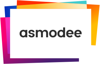 Asmodee logo on a white background with colorful edges
