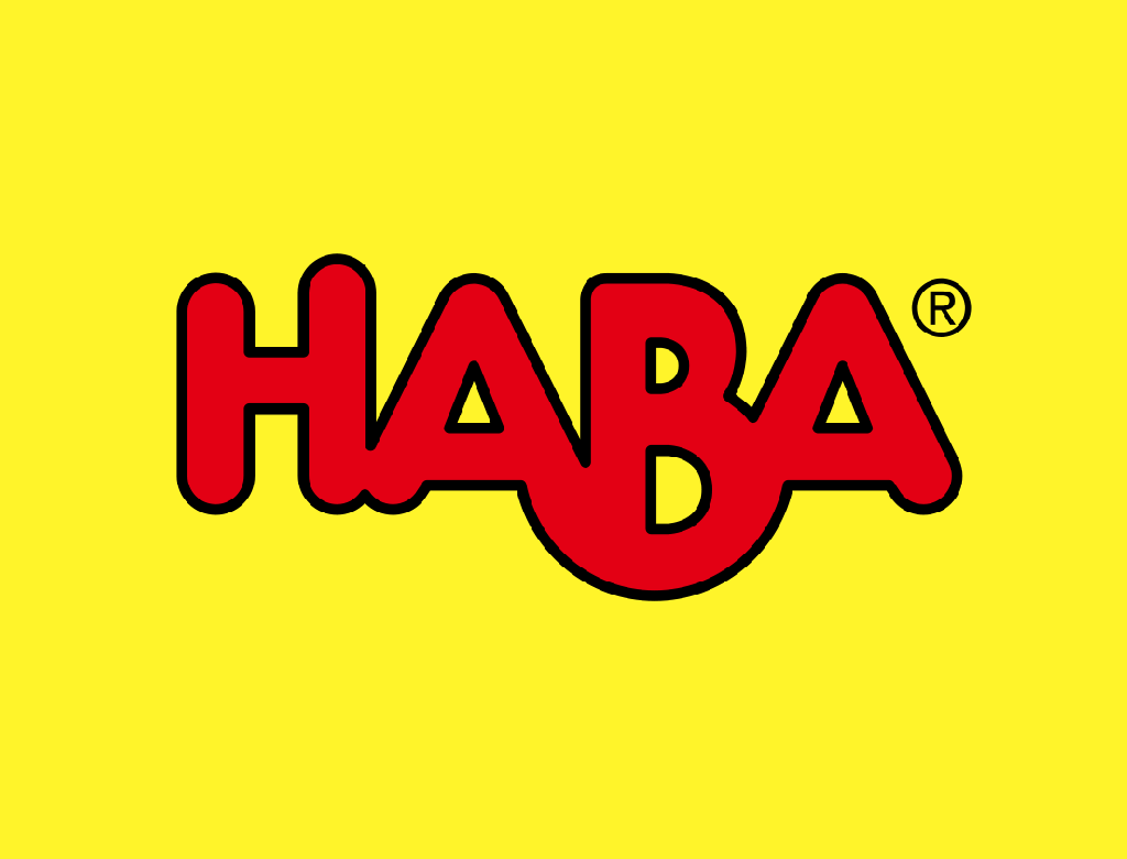 The logo of HABA, a toy and baby product company, with red text on a yellow background.