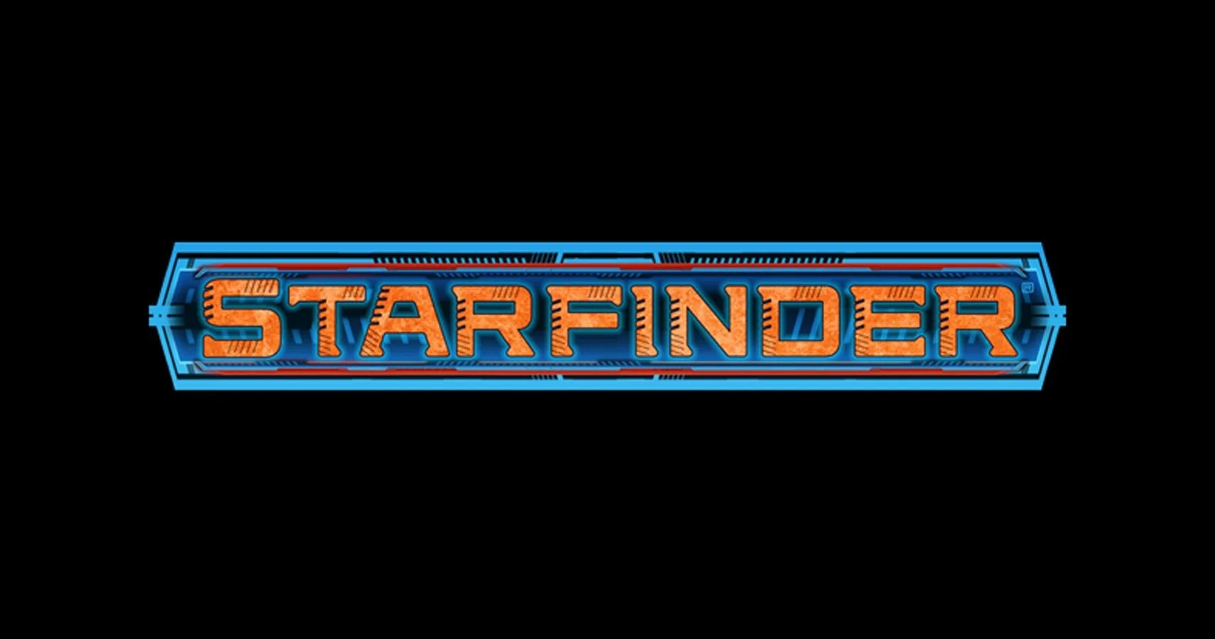 Futuristic neon-style logo with the word 'Starfinder' in orange letters and blue geometric accents on a black background.