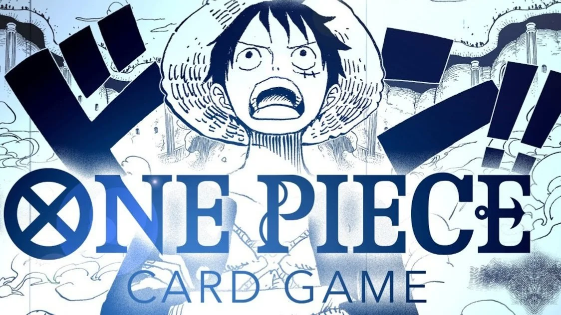 Illustration of Monkey D. Luffy from One Piece with a shocked expression and a straw hat, with the title 'One Piece Card Game' in bold letters.