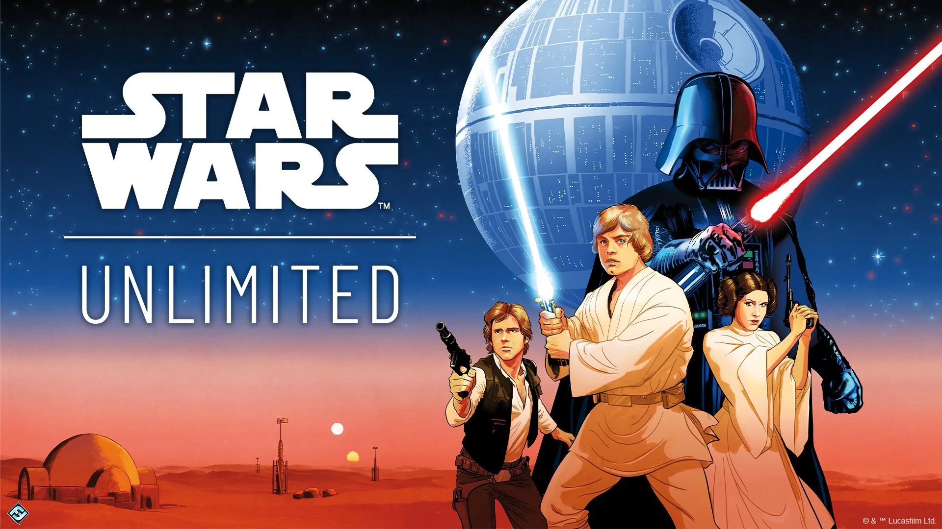 An illustrated scene from Star Wars: Unlimited featuring Darth Vader with his red lightsaber and a planet in the background. Three characters in the foreground holding weapons in a desert landscape with two suns.