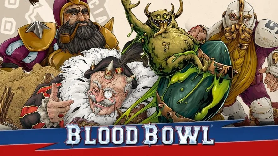 Illustration of fantasy characters, including a king with a crown, a horned king with white hair, a giant green monster with horns and slime, and a knight with a helmet. The title "Blood Bowl" is displayed at the bottom.