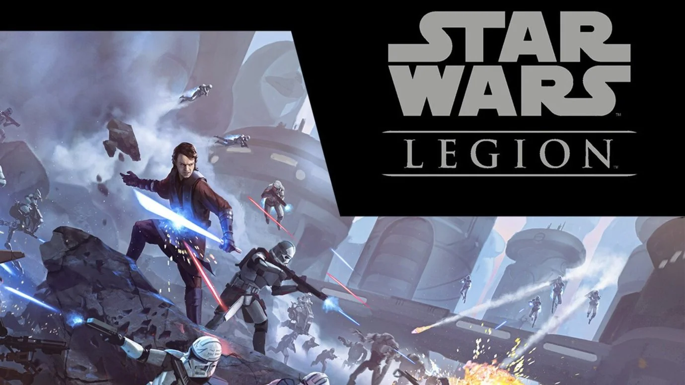 Artwork from Star Wars: Legion showing Clone Wars and Galactic Republic troops fighting against Separatist droids in space with starships in the background.