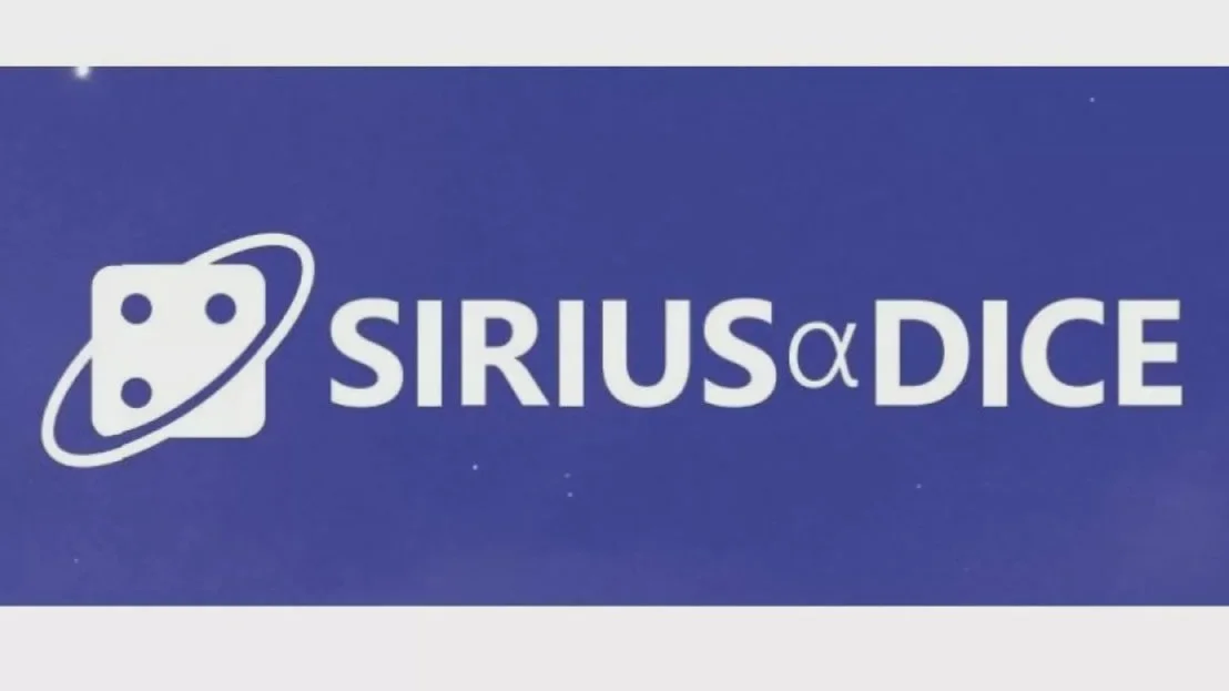 SIRIUS DICE logo with a space-themed design, featuring a stylized die with a planet orbit around it, on a purple background.