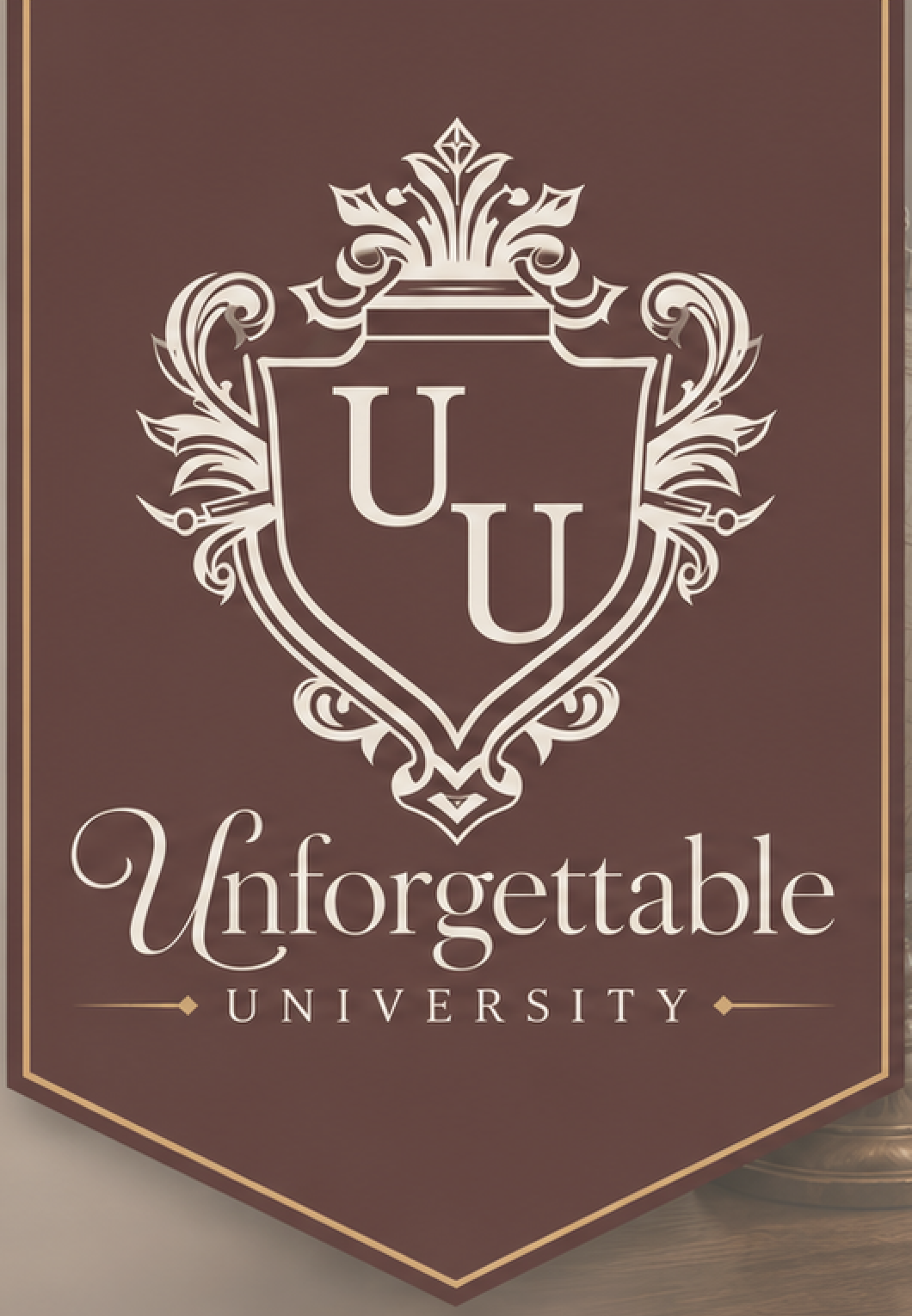 A burgundy banner with a decorative crest featuring the letters 'U U' inside a shield. Below, the word 'Unforgettable' is written in elegant cursive, and 'UNIVERSITY' is in uppercase below it.