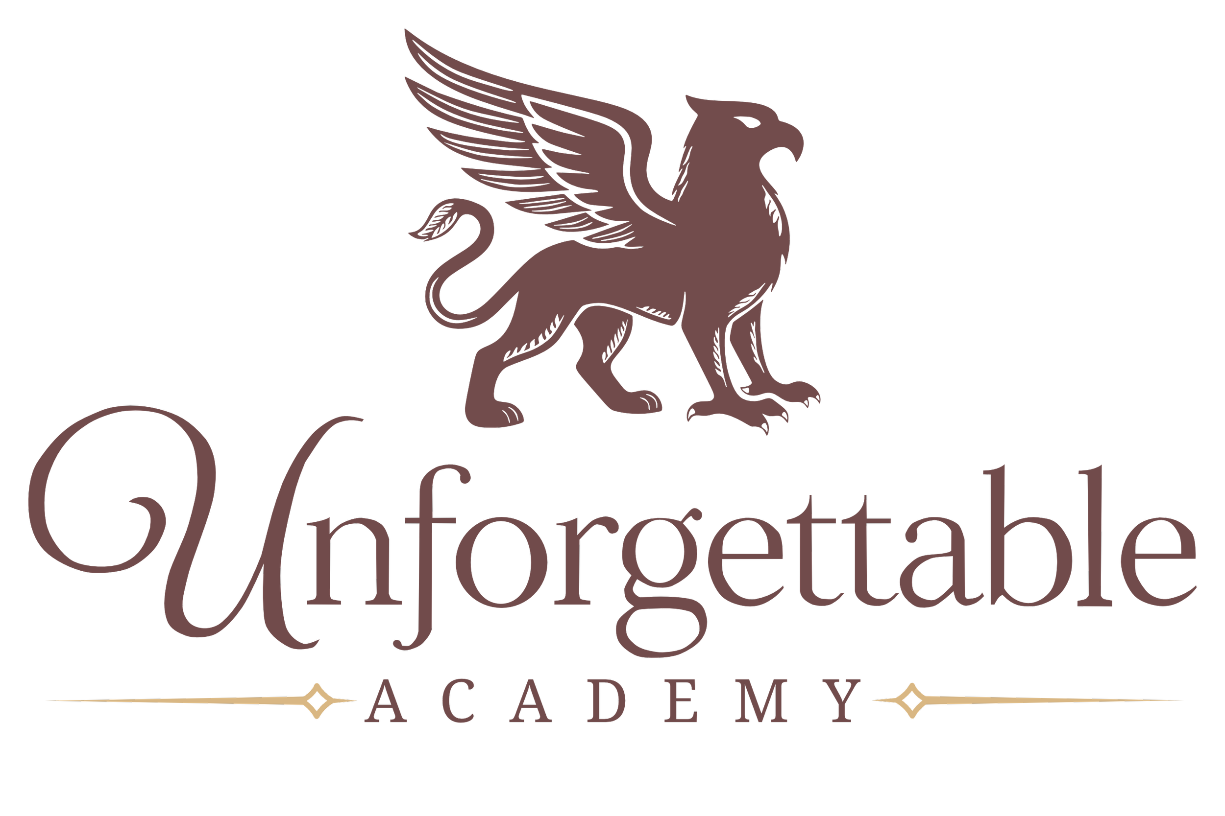 A logo with a winged lion and the words "Unforgettable Academy"