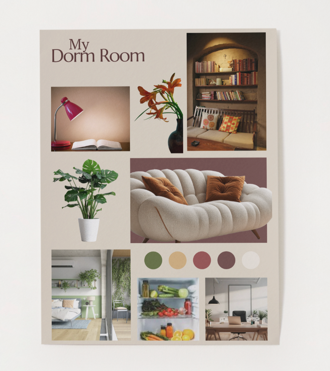 A mood board collage titled 'My Dorm Room' featuring interior decor elements and color palette. Includes a desk lamp and open book, a flower vase with orange lilies, a cozy nook with bookshelf and cushions, a white tufted sofa with cushions, a bedroom with green accents, a refrigerator with vegetables and drinks, and a workspace with a desk and plants. Color swatches include green, beige, red, brown, and white.