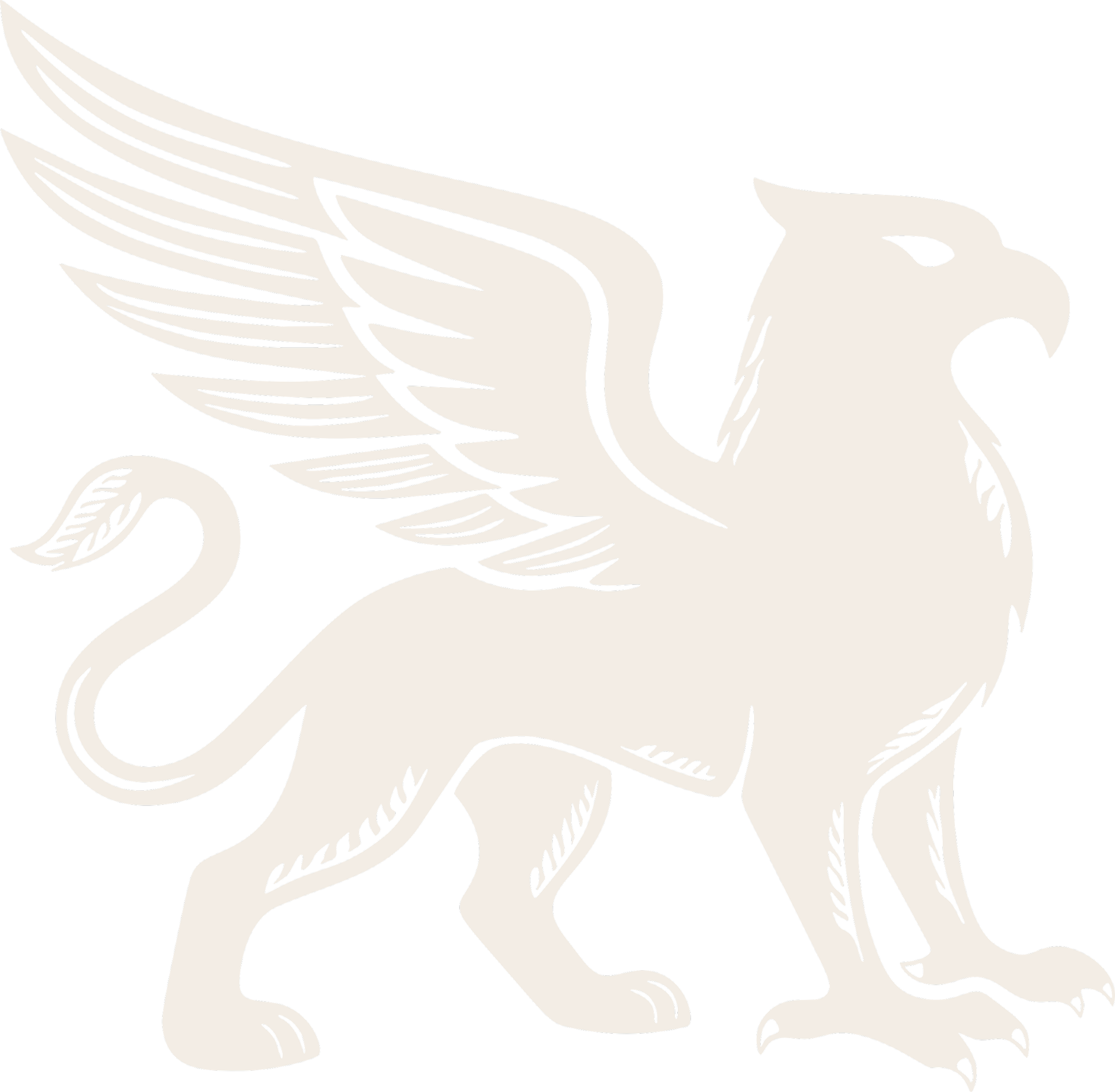 Black and white stylized illustration of a winged lion facing right