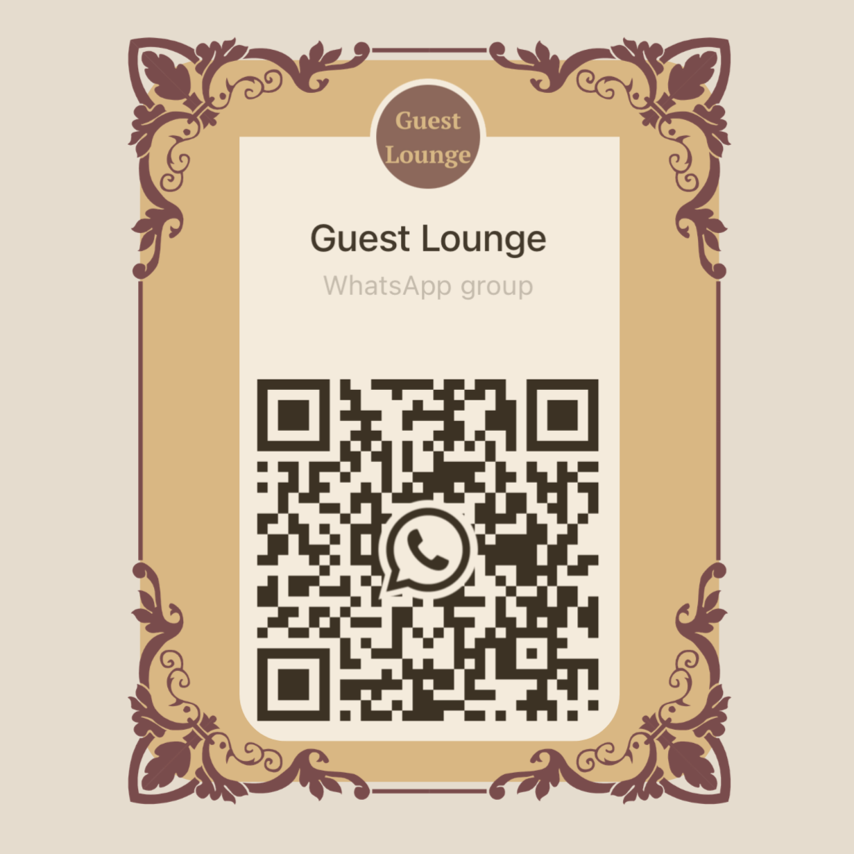 A decorative sign with a QR code for a WhatsApp guest lounge group, surrounded by ornate floral patterns and labeled 'Guest Lounge' at the top.