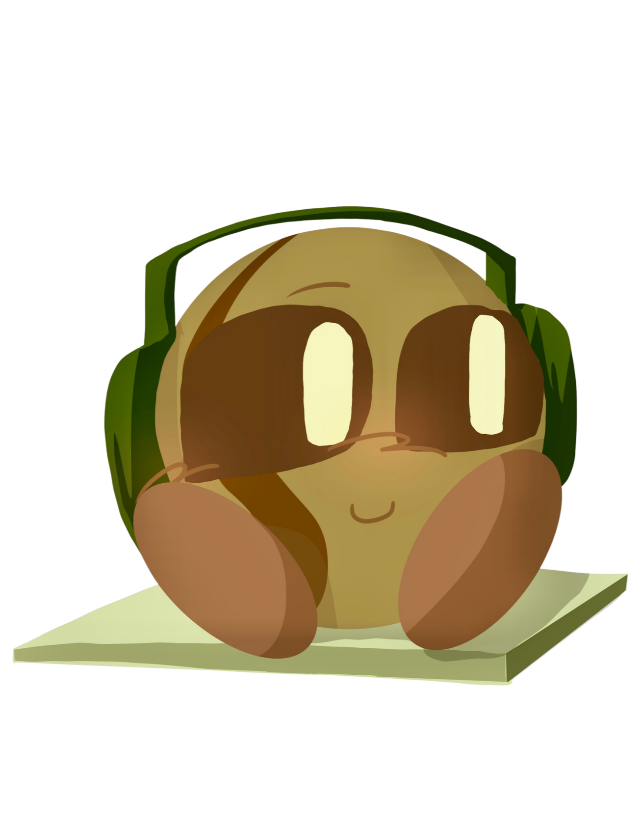 A cartoon-style creature with large eyes, a small smile, and a rounded body, wearing green headphones and sitting on a yellow platform.