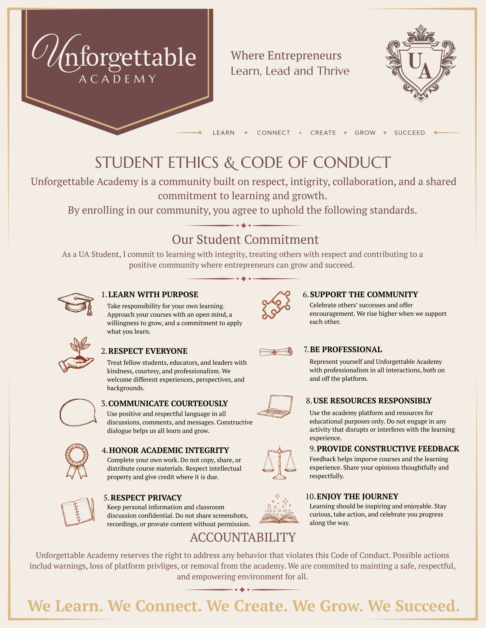 A poster from Unforgettable Academy outlining their student ethics and code of conduct. The poster includes standards such as respect, integrity, communication, confidentiality, and support within a community-focused learning environment. It features icons representing each standard, with a footer emphasizing accountability and a motivational quote about learning and growth.