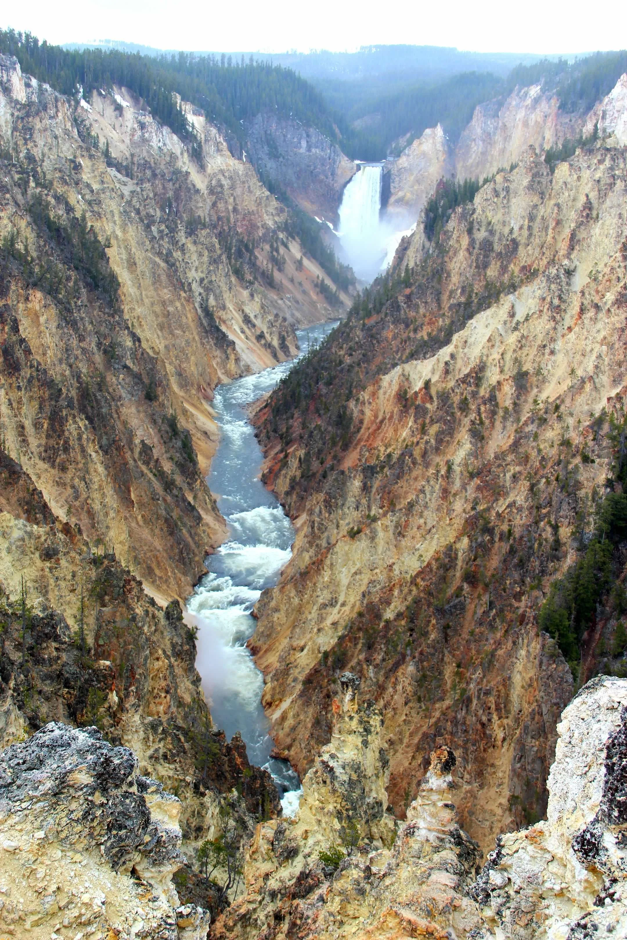 A view of the Grand Canyon with a river flowing through the canyon and a waterfall in the distance. The steep, rocky cliffs are covered with sparse vegetation and pine trees.