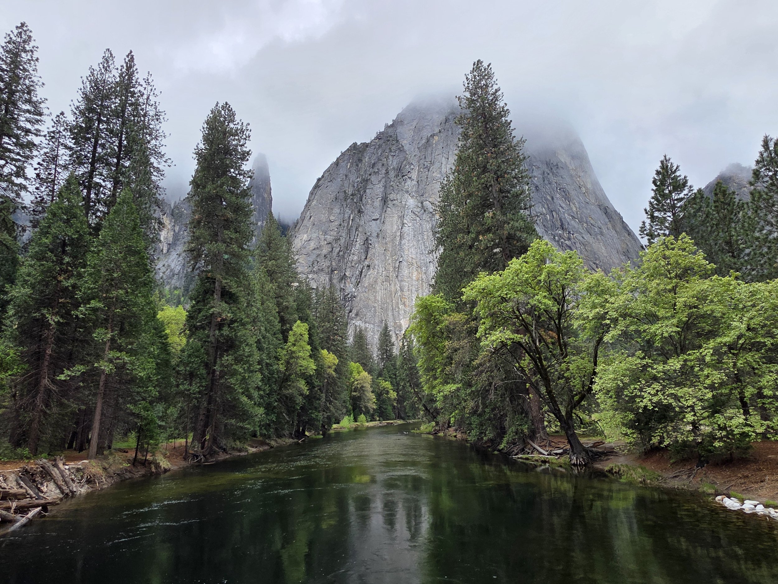 A river flowing through a forest with tall green trees, leading to large granite mountain peaks partially covered by fog in the background.