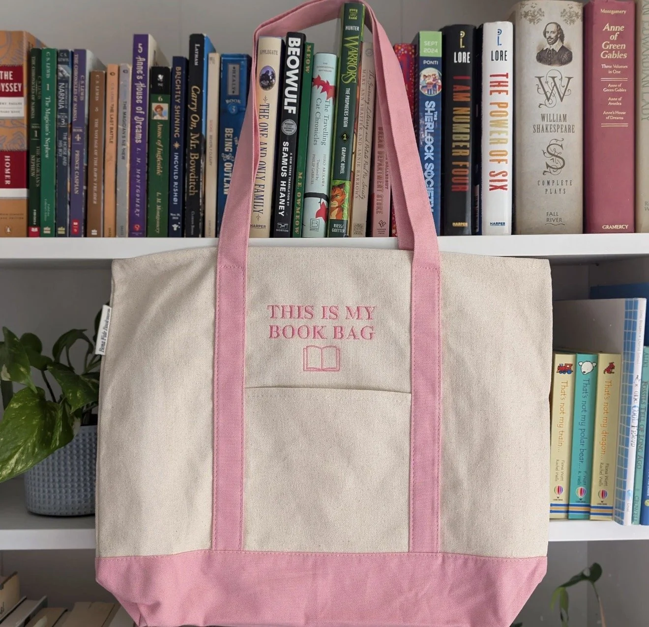 This Is My Book Bag Embroidered Tote Bag - PINK