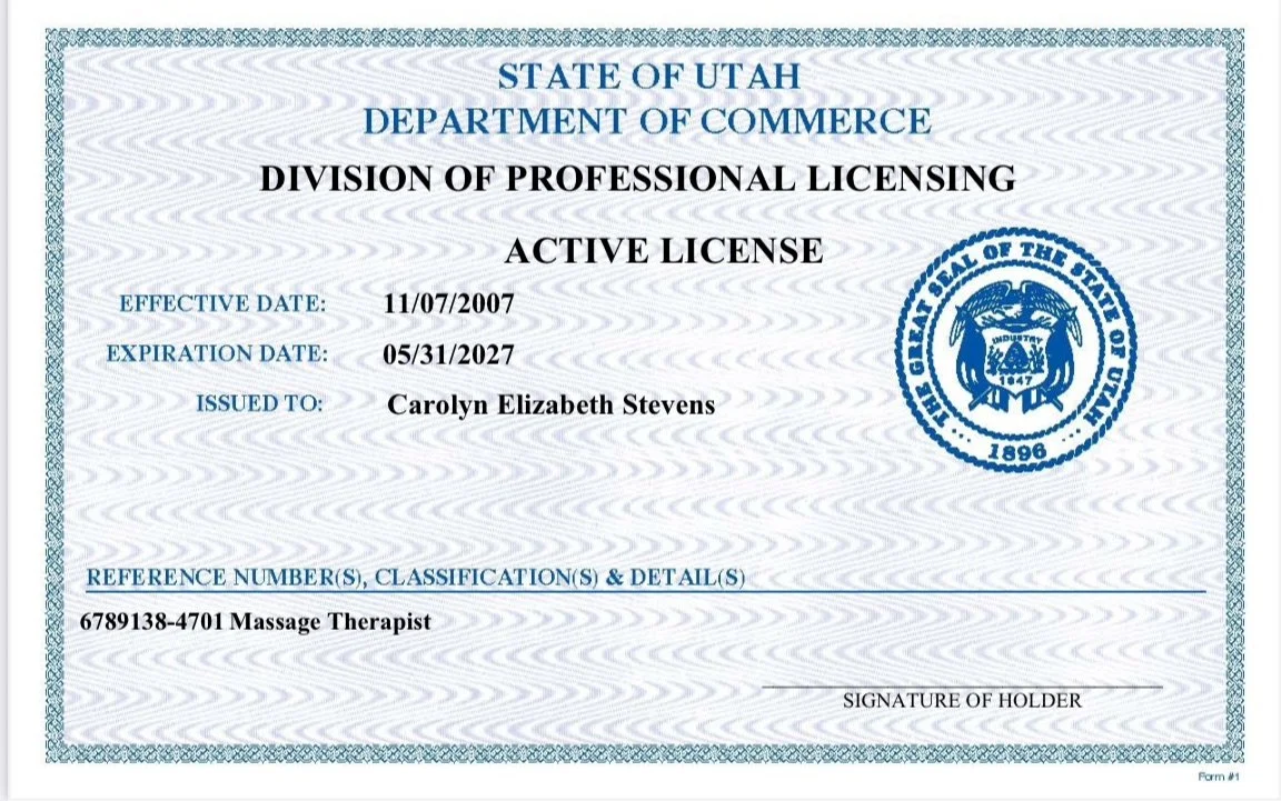 Utah state massage therapist license issued to Carolyn Elizabeth Stevens, effective from November 7, 2007, to May 31, 2027, with a professional reference number 6789138-4701.
