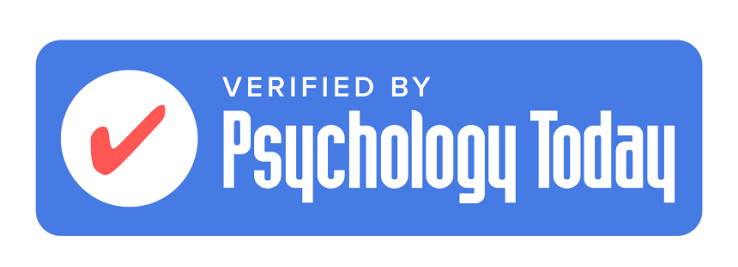 Blue rectangular badge with white text that reads 'Verified by Psychology Today' and a red checkmark inside a white circle.