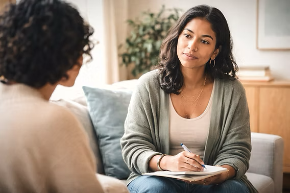Therapist and patient having a counseling session in a cozy, well-lit room.