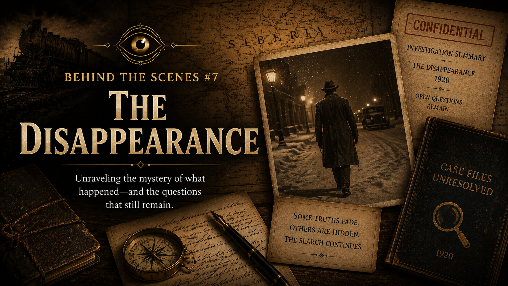 Promotional image for behind-the-scenes documentary titled 'The Disappearance,' featuring vintage items like a compass, old manuscripts, a photograph of a man walking in snowy street at night, and case files labeled 'Unresolved' and 'Confidential' from 1920, with a train in the background.