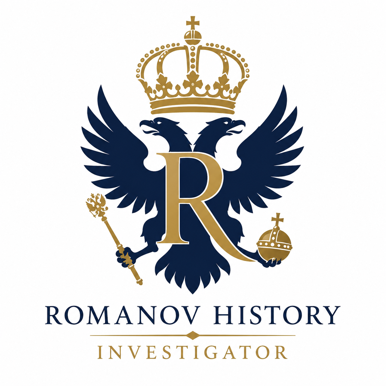 Emblem featuring a double-headed eagle in dark blue with a gold crown above its heads. The eagle holds a scepter in its right claw and an orb with a cross in its left claw. A large gold letter 'R' is overlaid on the eagle's chest. Below, the text reads 'ROMANOV HISTORY INVESTIGATOR' with 'ROMANOV HISTORY' in dark blue and 'INVESTIGATOR' in gold.