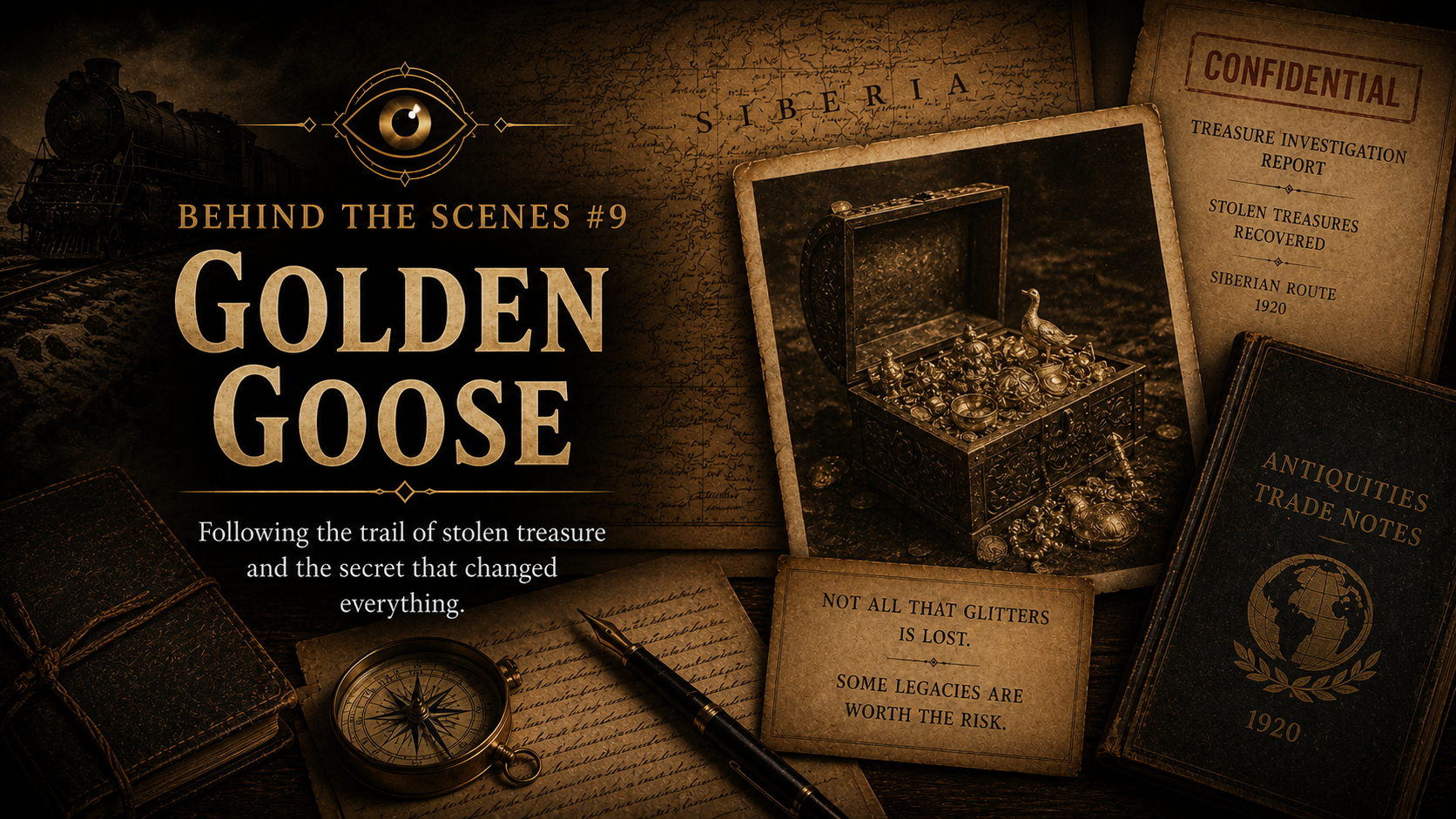 A vintage style image featuring a train, a treasure chest with jewelry and coins, a compass, a fountain pen, and antique books about trade notes and Siberian route, with notes and maps in the background, related to a treasure investigation theme.