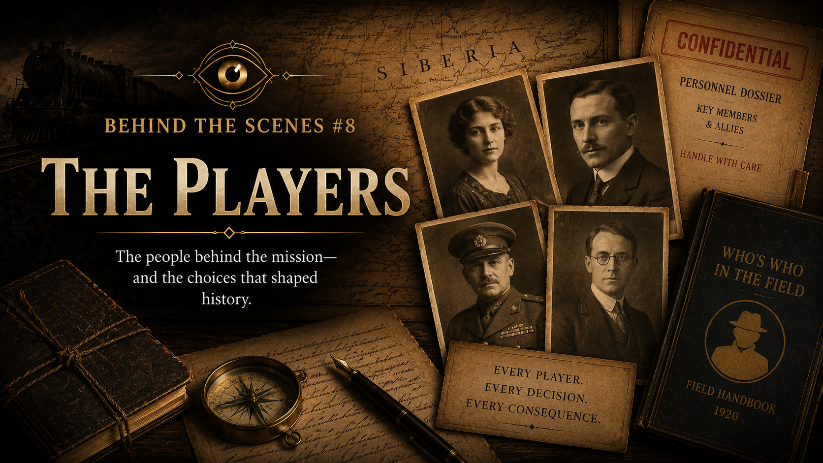 Vintage photograph collage featuring four historical figures, a train, a compass, handwritten notes, and archival documents labeled 'Confidential' and 'Who's Who in the Field', with a dark, sepia-toned aesthetic.
