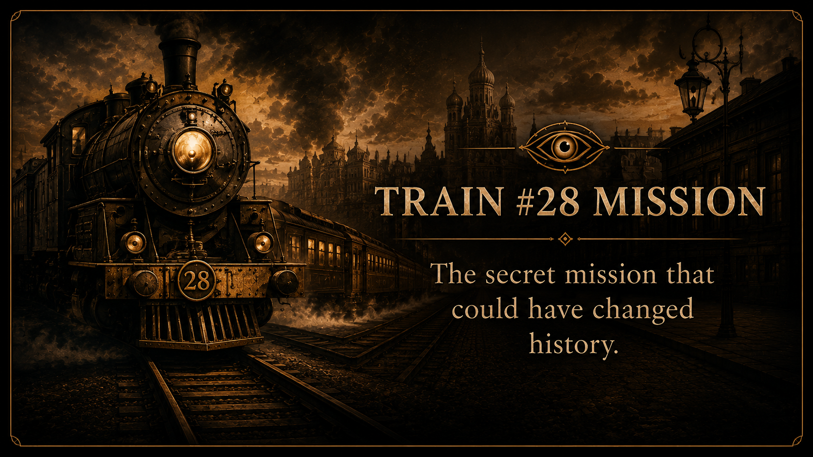 A vintage steam train with the number 28 on the front is on the tracks in a dark, ominous cityscape with historic buildings and lightning-filled clouds. The text overlays read "TRAIN #28 MISSION" and "The secret mission that could have changed history," with a stylized eye symbol.